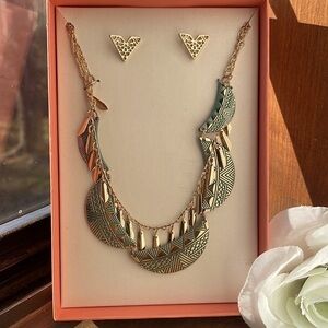 Gold And Green Aztec Pattern Necklace Earrings Set